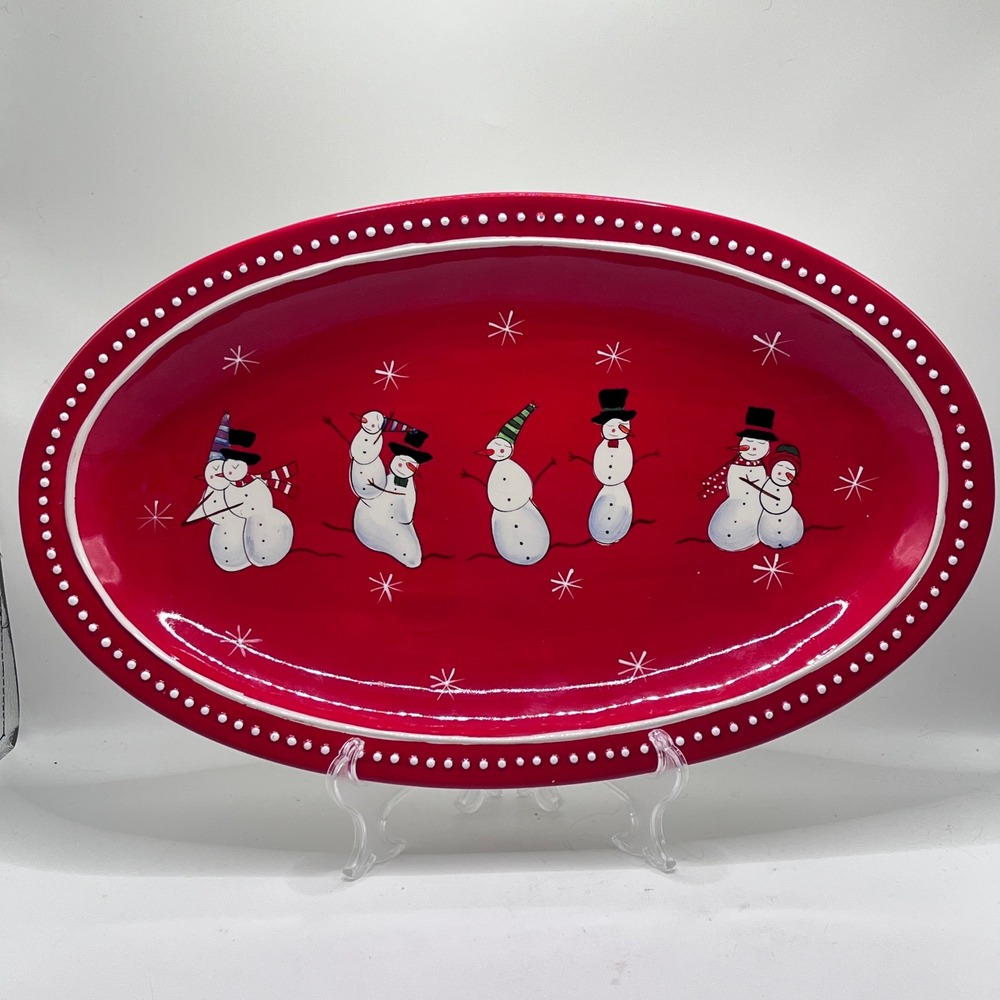 Foreside Red Snowman Ceramic Oval Serving Platter Holiday Christmas Dish 18 in
